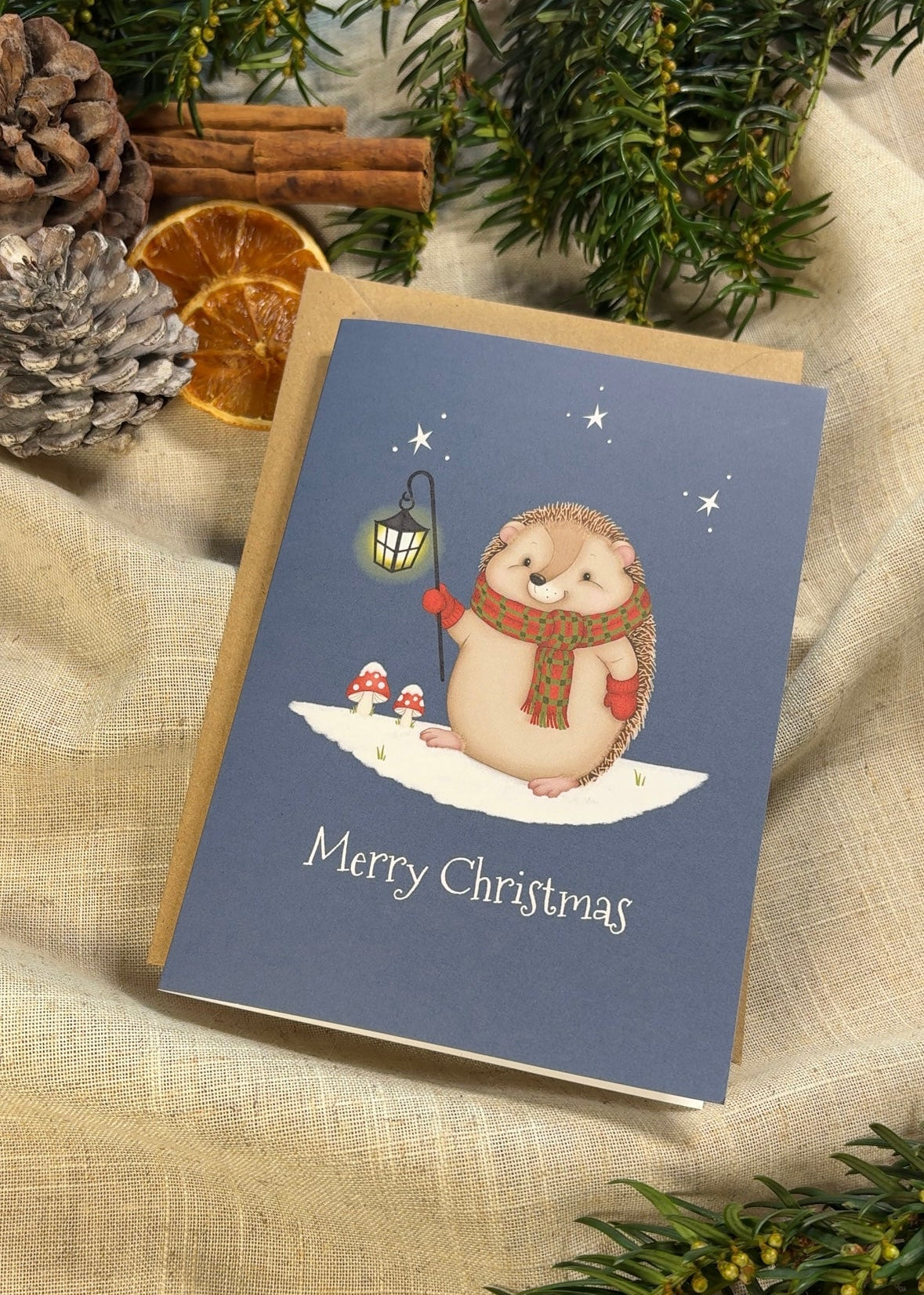 Photograph showing the  of front of a Festive Hedgehog Christmas Card.